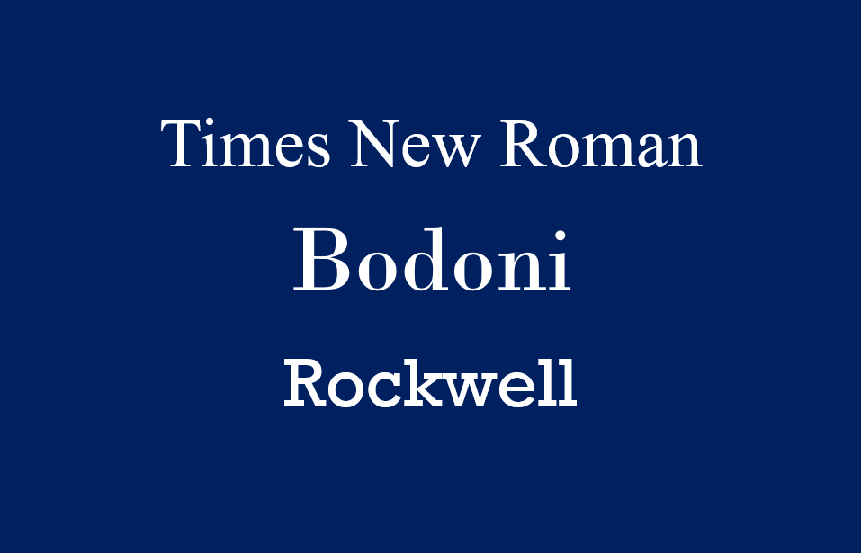 Three typeface names written in their respective typefaces: Times New Roman, Bodoni, and Rockwell.