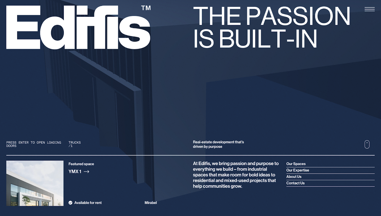 The Edifis website has a dark blue theme with a white company logo, the text “The passion is built-in,” and smaller white text at the bottom.