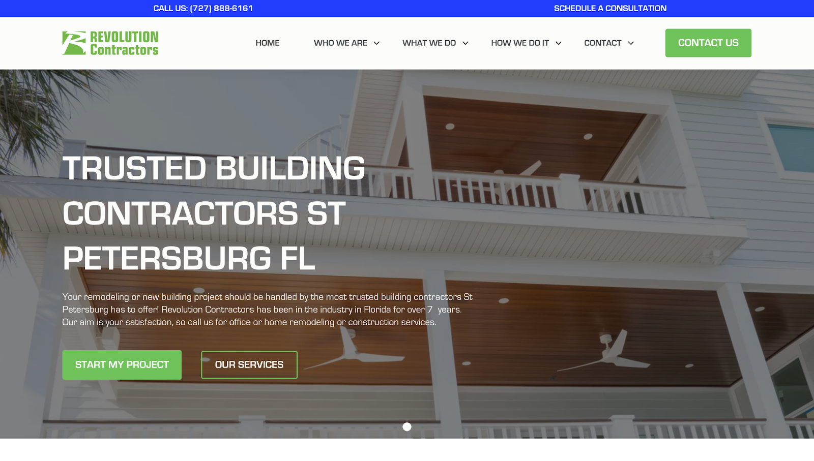The Revolution Contractors website has a background image with the text “Trusted Building Contractors St Petersburg FL” and CTA buttons.