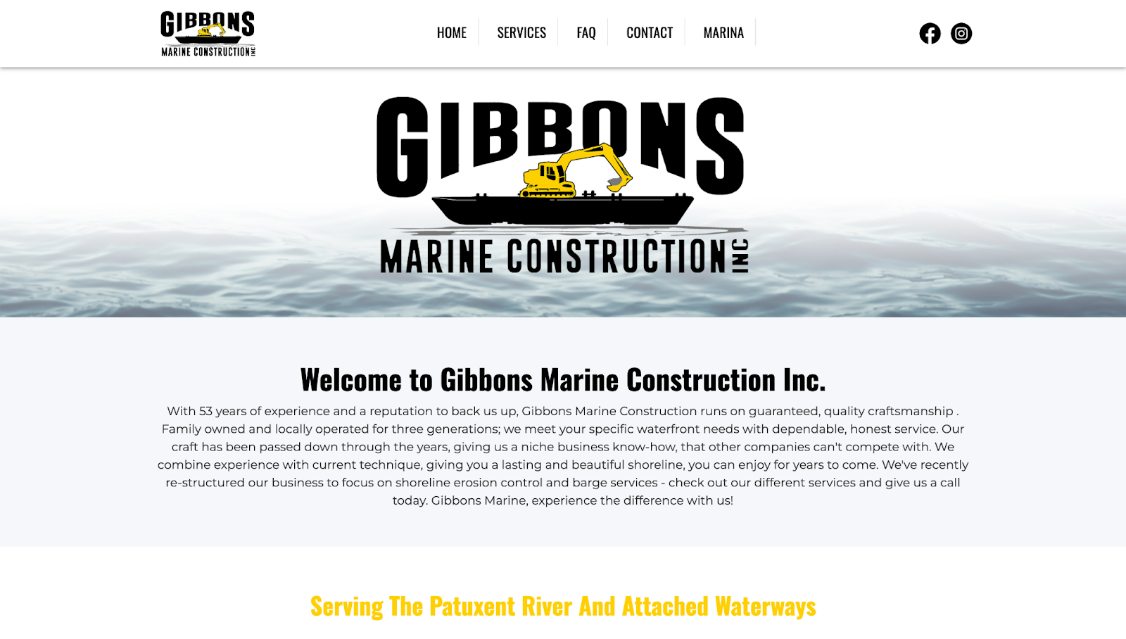 The Gibbons Marine Construction website has a hero image of a ship with the text “Gibbons Marine Construction Inc” and a brief company description.