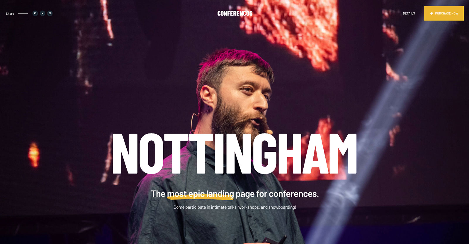 Conferencos homepage showing a man wearing a headset mic on a stage. White text "the most epic landing page for conferences"