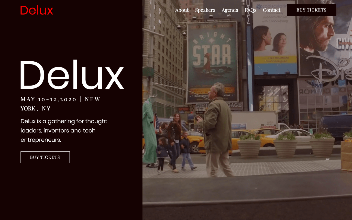 delux template homepage, Right 2/3 shows photo of NYC. Left side, black background and white text "Delux"