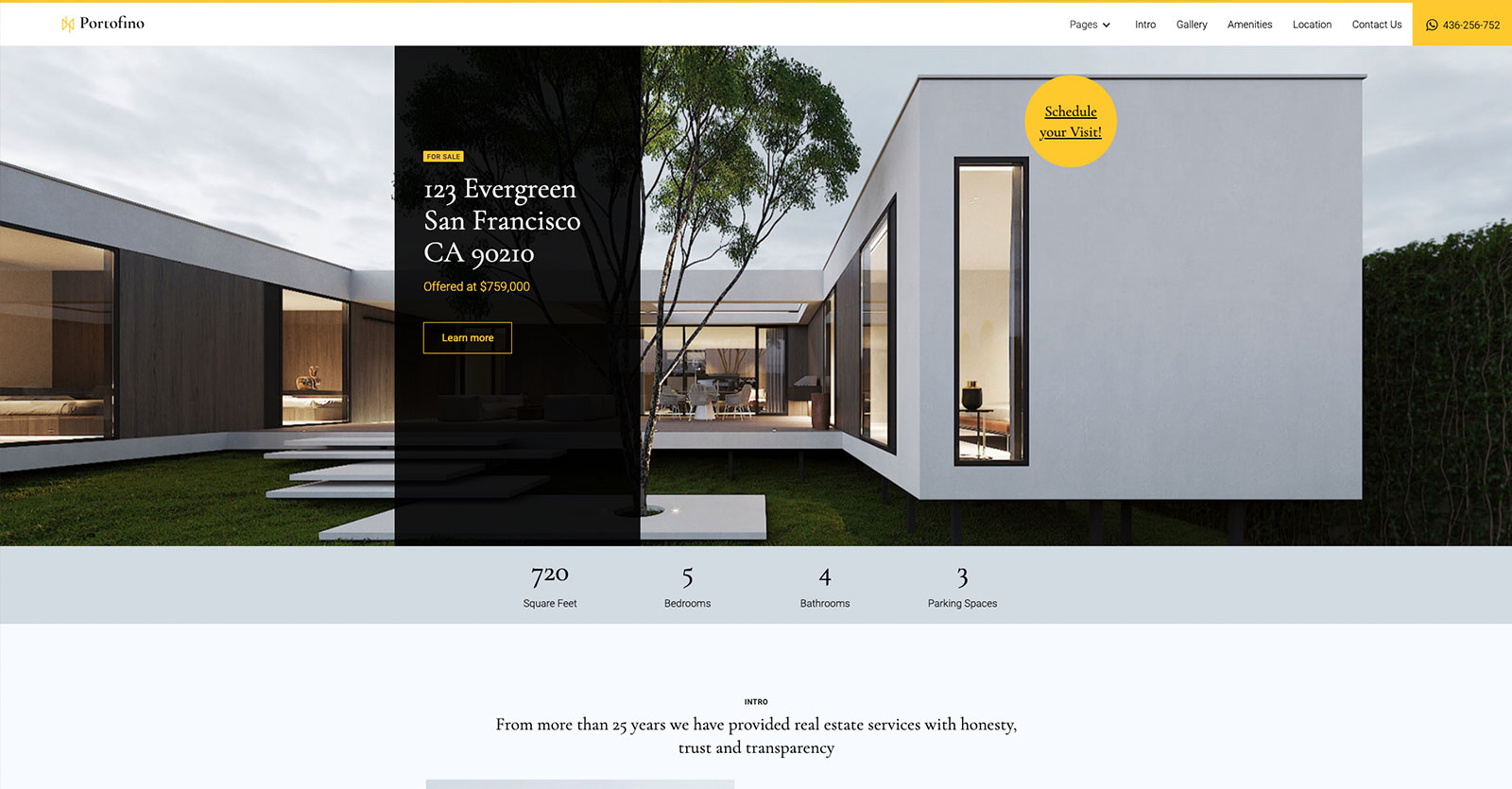 portofino real estate template showing a very modern condo with several floor to ceiling windows