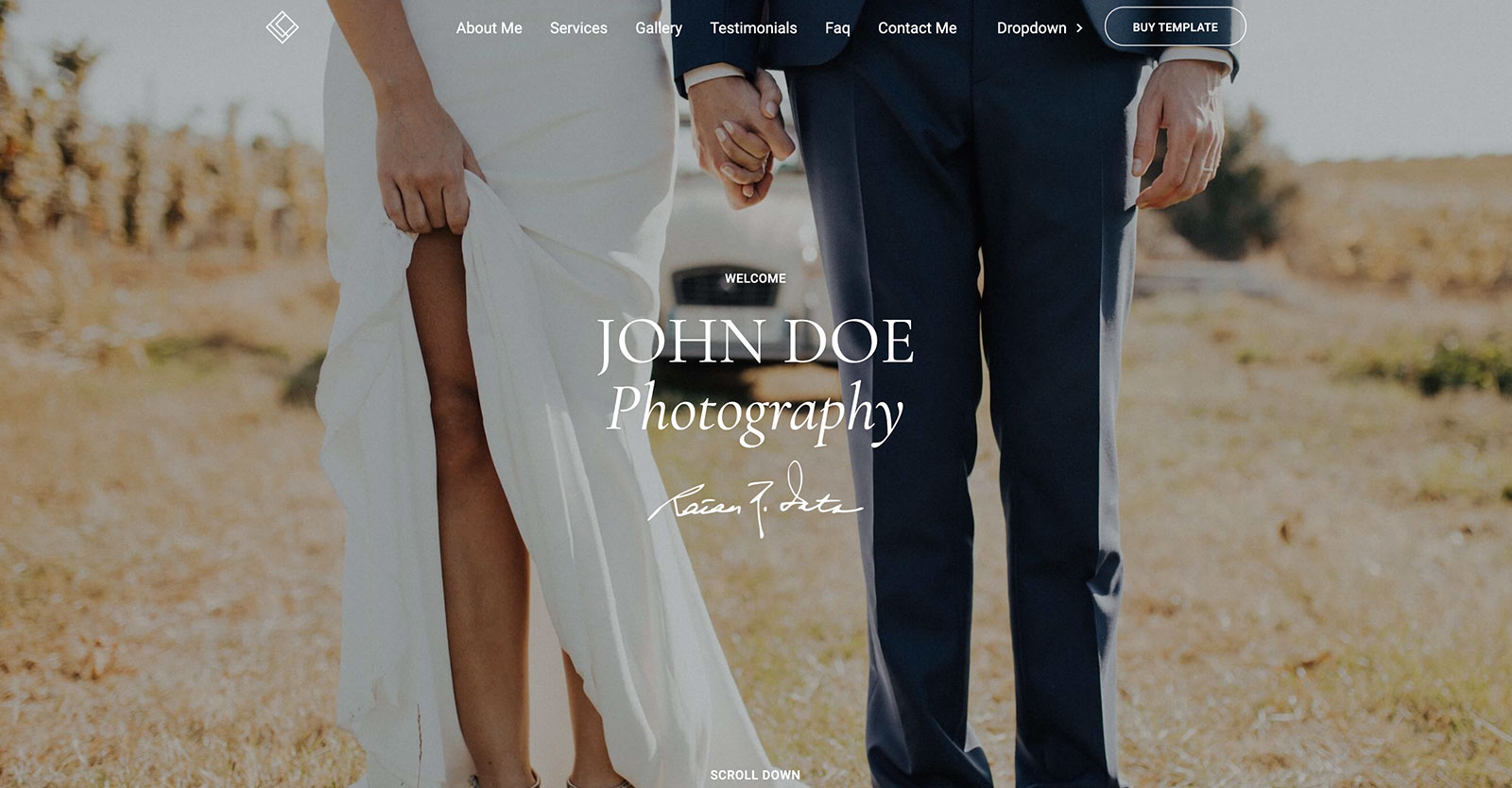 Capture template homepage showing the legs of a bride and groom standing holding hands with a desert background. Text "John Doe Photography"