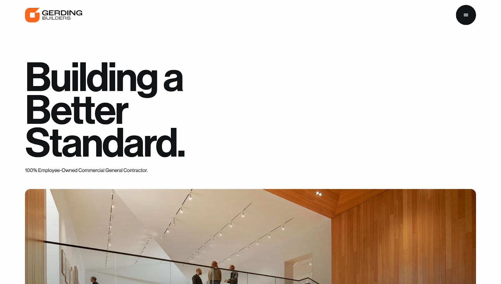 The Gerding Builders website shows the text “Building a Better Standard” in black against a solid white background with the company logo and menu in the corners.