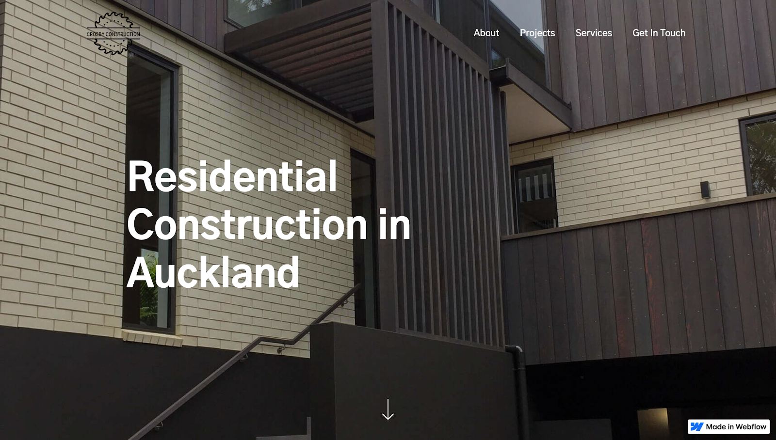 The Crosby Construction website shows a fullscreen background image of a project with the text “Residential Construction in Auckland” in white.