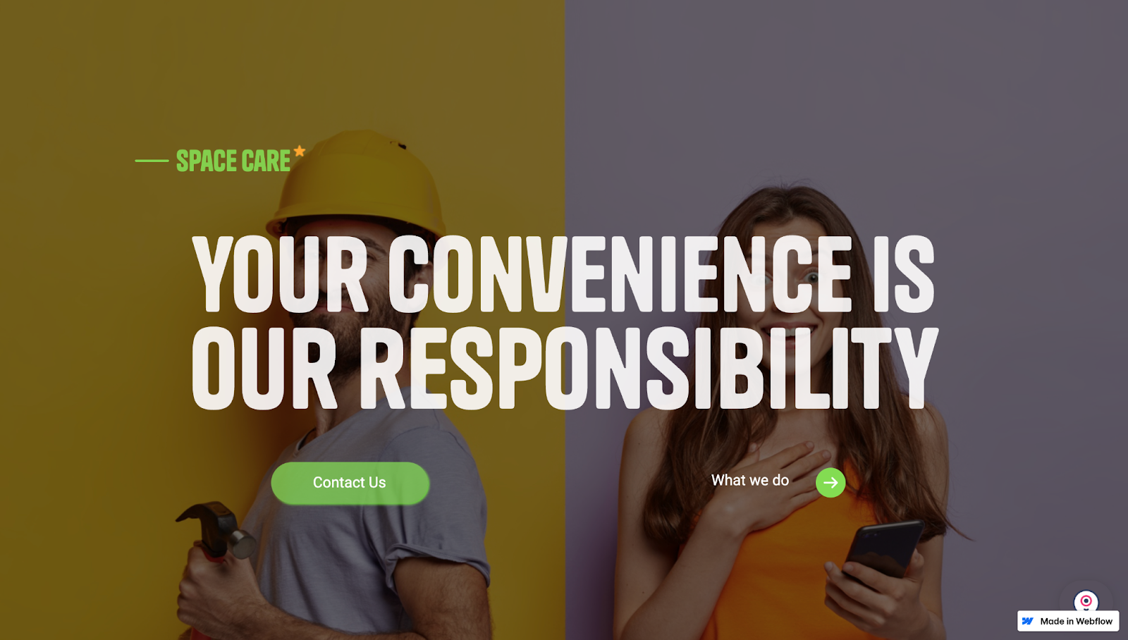 The Space Care website has a split-screen design with the text “Your convenience is our responsibility” in white font.