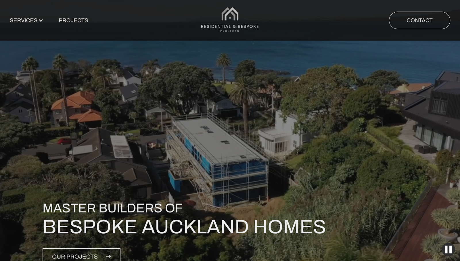 The Residential & Bespoke Projects website shows drone video footage of a project with the text “Master Builders of Bespoke Auckland Homes” in white.