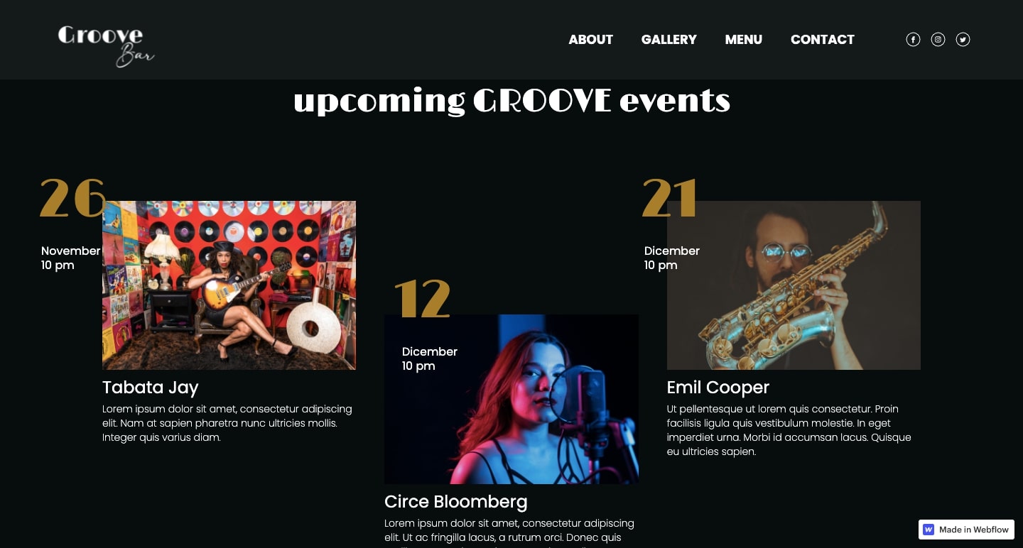 GrooveBar events layout showing three images with dates overlayed