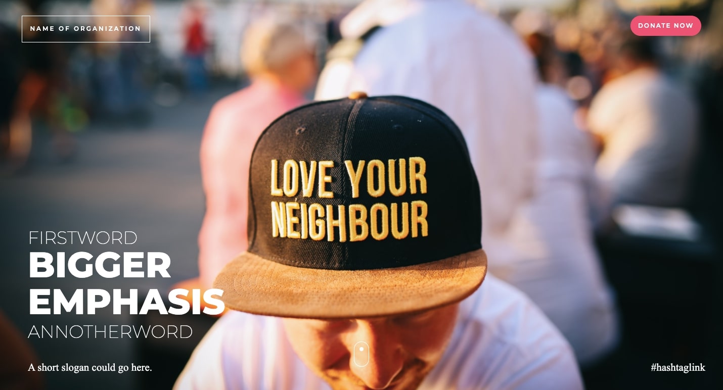 Simple Donation homepage. Portrait mode photo of a person wearing "Love Your Neighbor" hat