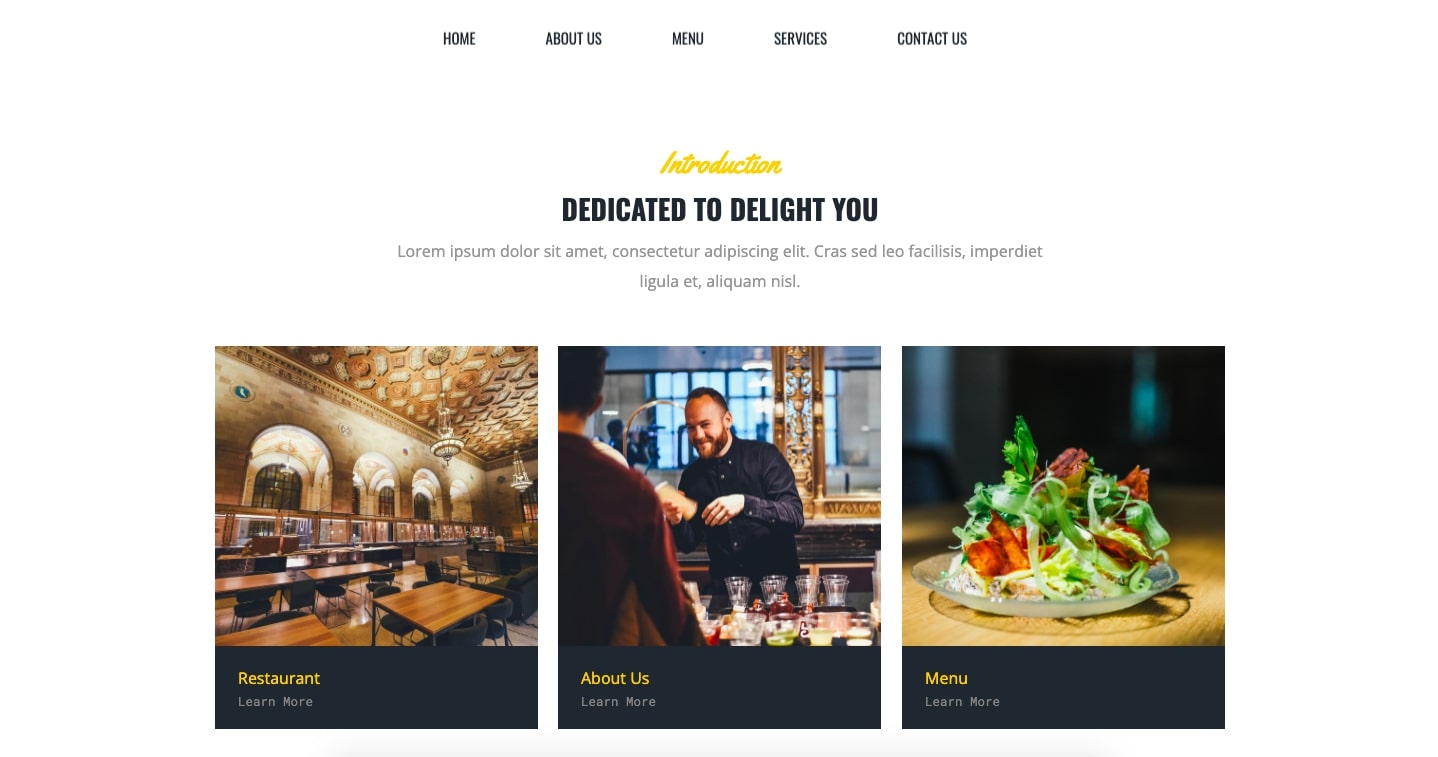 Restaurante homepage. White background, black text. Top menu, lorem ipsum text, and 3 placeholder images.