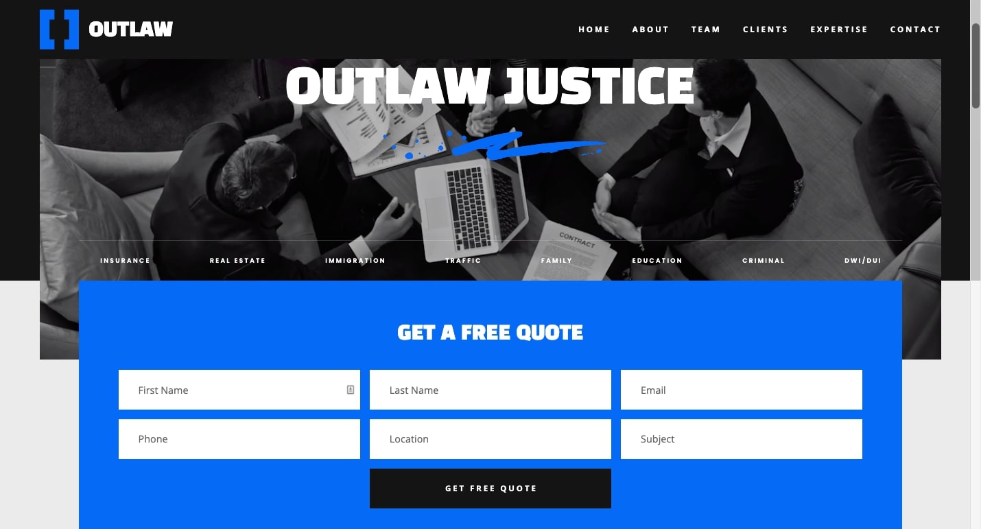 Outlaw law office template. Black and white overhead photo of people working on laptops. Blue menu with CTA "Get a free quote"