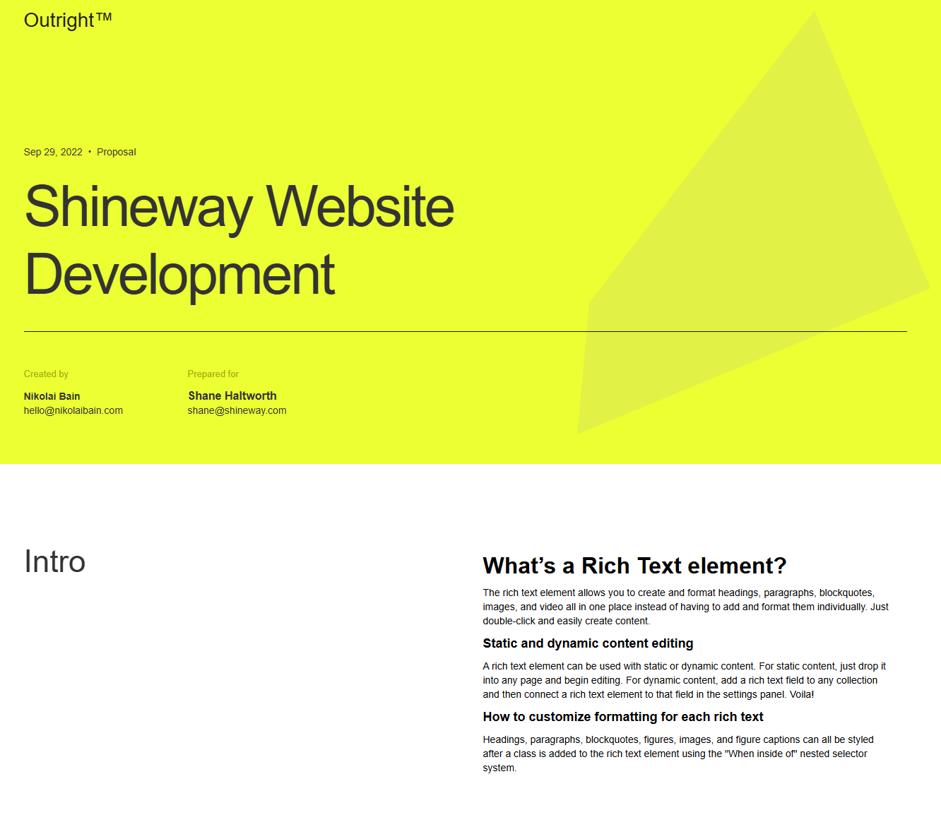 A screenshot of a professional website proposal that begins with the designer’s contact information before introducing the plan.