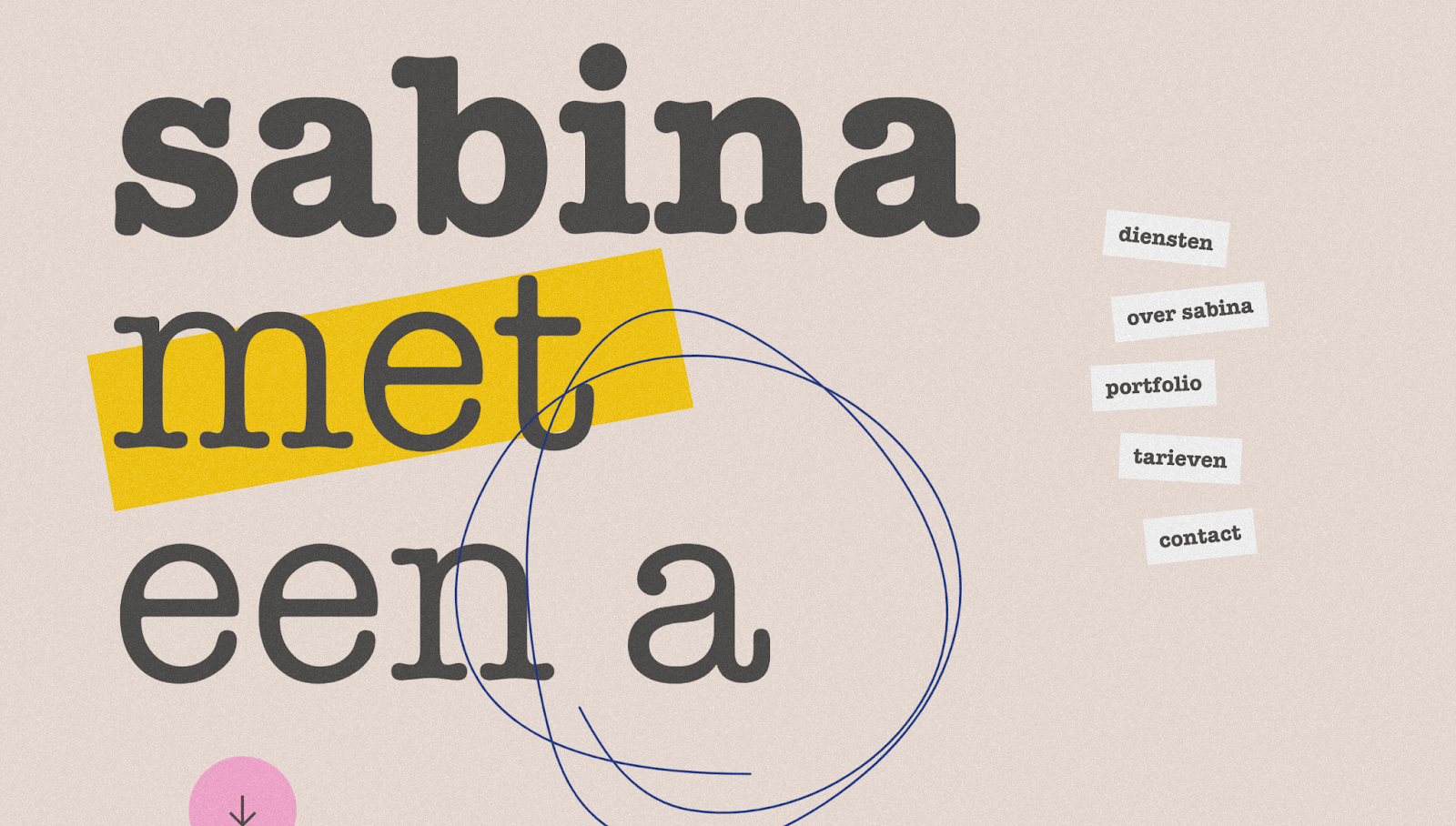Sabina met een A’s website has large text on the left and a vertical navigation menu on the right.