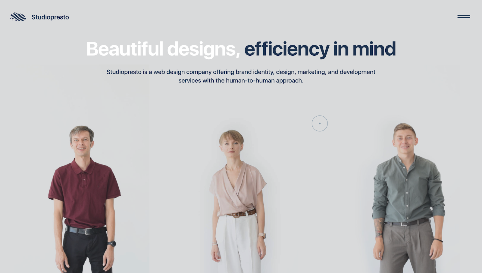 Studiopresto’s website header has images of three individuals against a gray background with the text "Beautiful designs, efficiency in mind” above them.