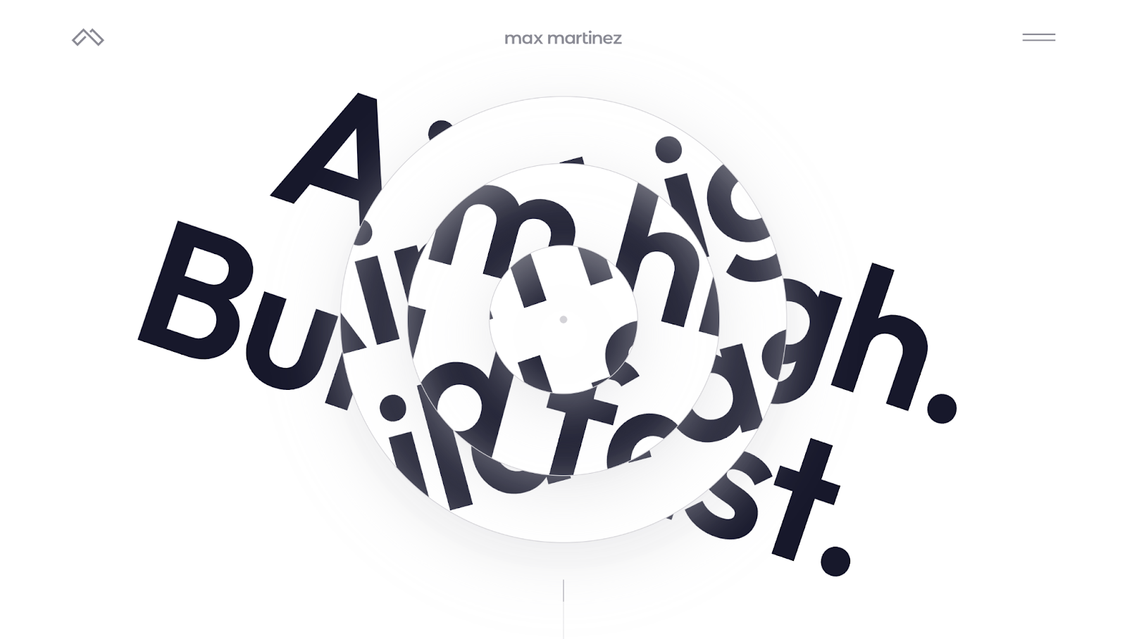 Max Martinez’s site header has words jumbled up in a concentric circular design against a white background.