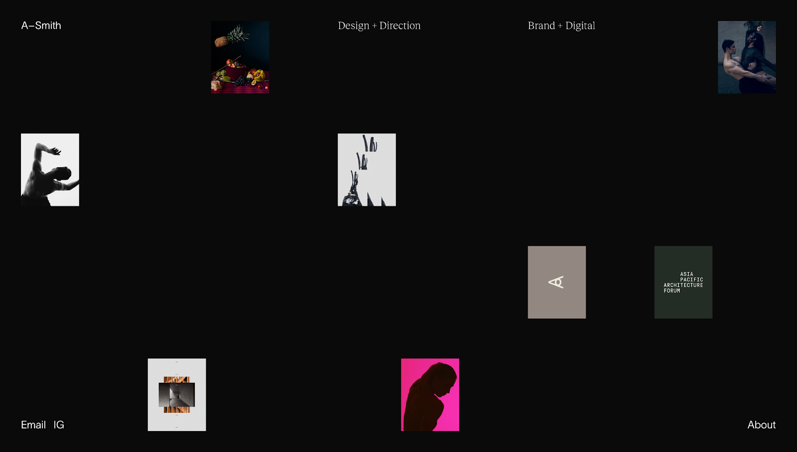 Anthony Smith’s personal website has a black background with asymmetrically placed thumbnails throughout the page.
