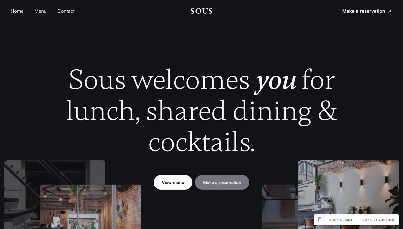 Sous Amsterdam’s website has the white text "Sous welcomes you for lunch, shared dining & cocktails" against a background with navigation options and images surrounding it.