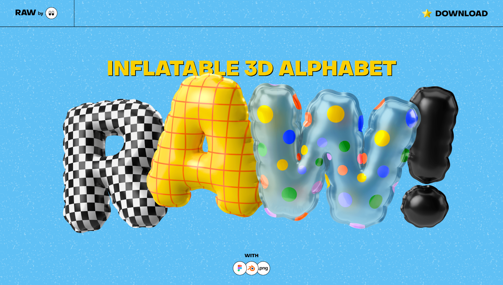 The Inflatable 3D Alphabet’s site header has inflatable balloon-style letters that spell out “RAW!” against a sky-blue background.
