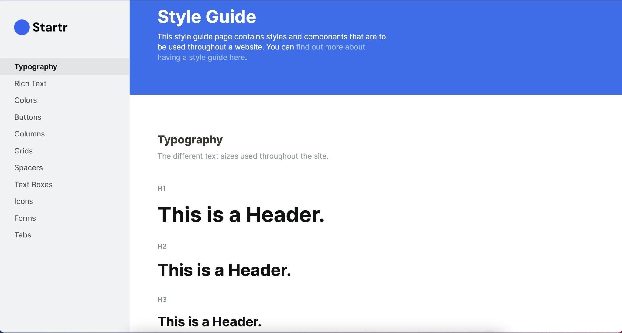 Screenshot of Startr brand design system site.