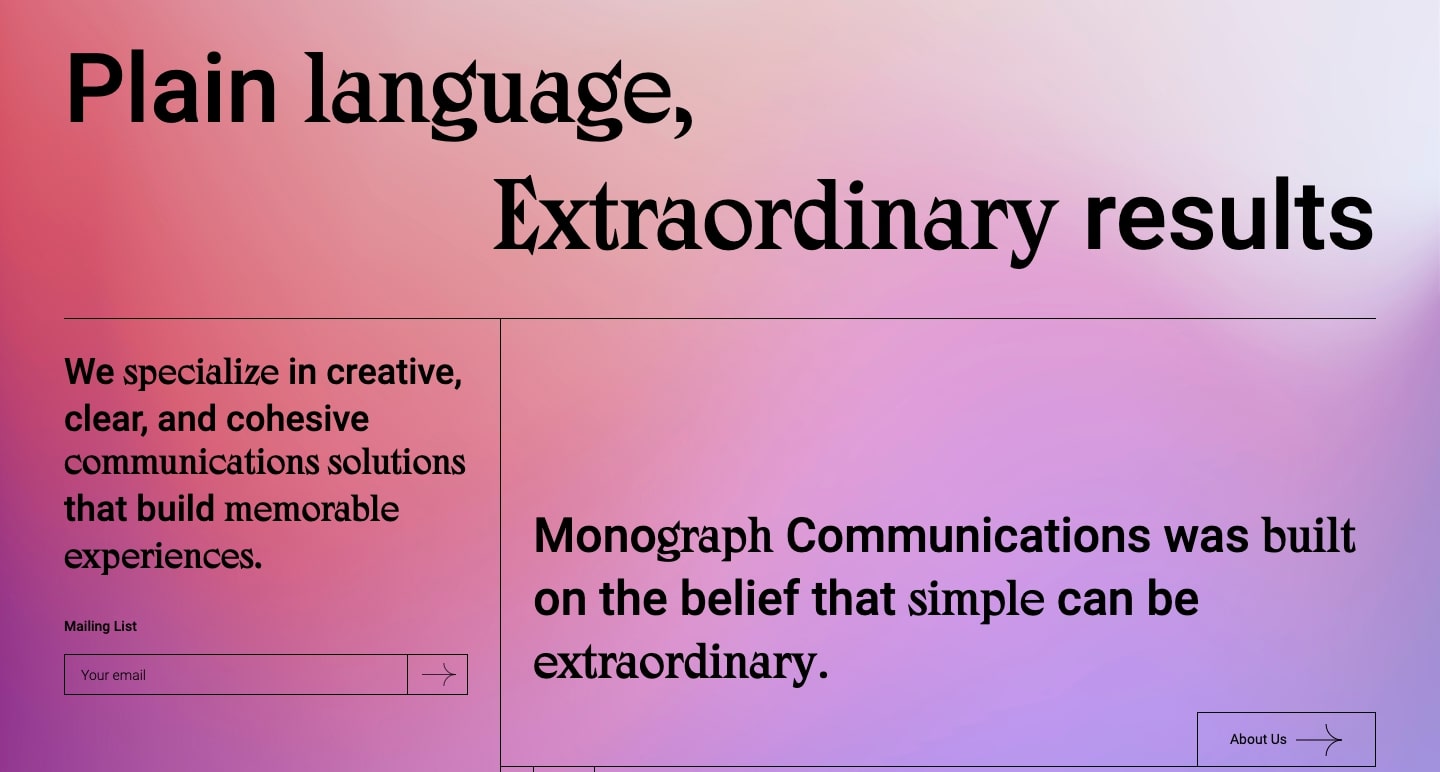 Monograph Communications website. Pink and purple gradient background, back text "Plain language, Extraordinary results"