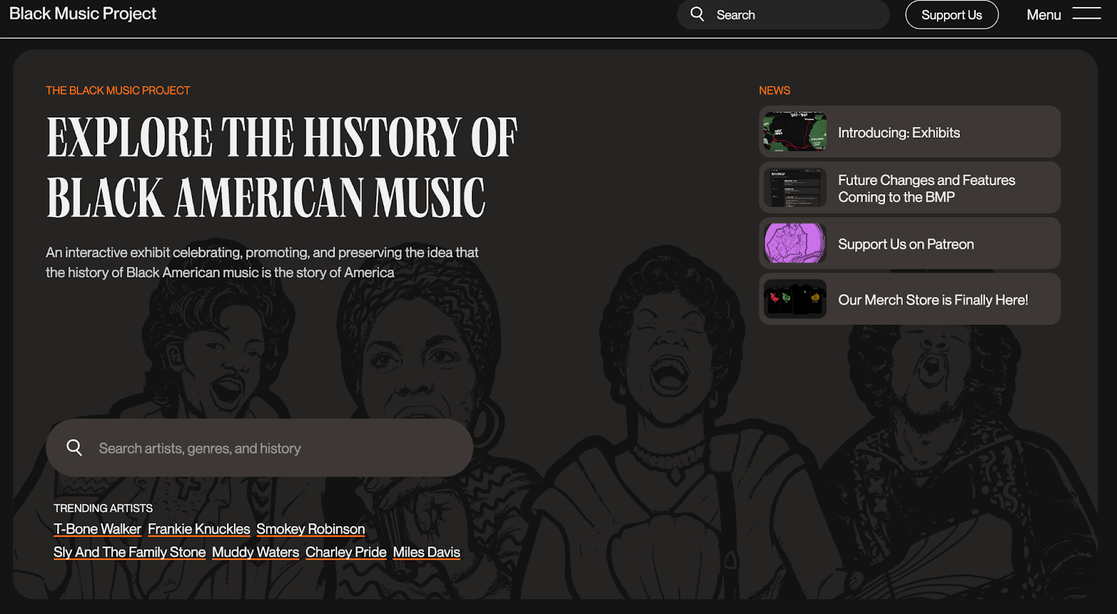 An image of the Black Music Project site. It features the header "Explore the History of Black American Music" over a black background.