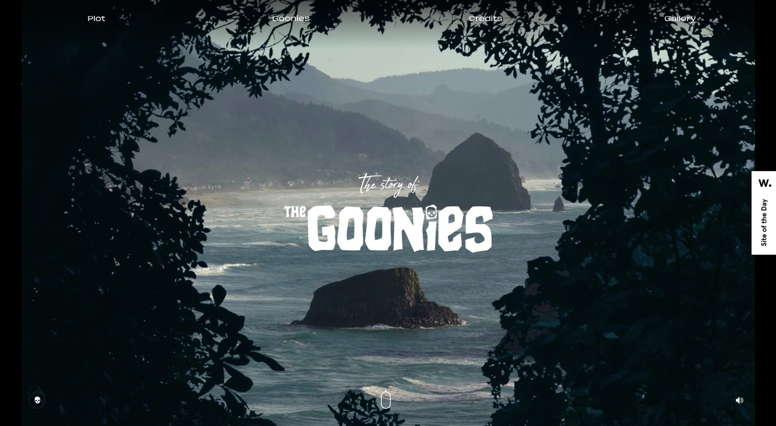 screenshot of The Goonies website, photo of an ocean taken through a shadow of trees.