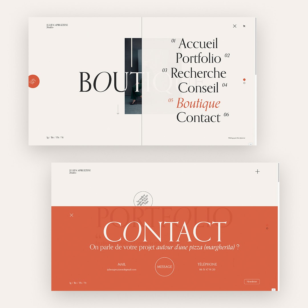 A closer look into how Julien Apruzzese uses typography on his site. Here we see his "contact" section as well as his site navigation."
