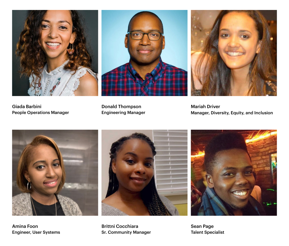 Photos of members of Webflow's Black affinity group — Blackflow. Including: Giada Barbini, Donald Thomson, Mariah Driver, Sean Page, Brittni Cocchiara, Amina Foon