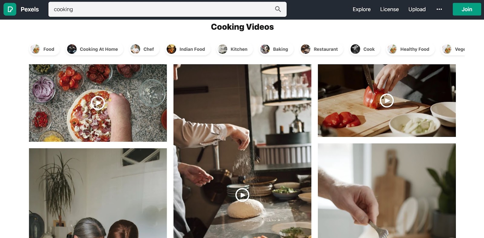 Pexels search results for "Cooking" showing results for several cooking video thumbnails.