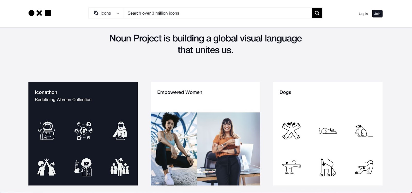 The Noun Project homepage. Gray background with black text "Noun Project is building a global visual language that unites us." above three categories in squares: Iconathon, Empowered Women, Dogs