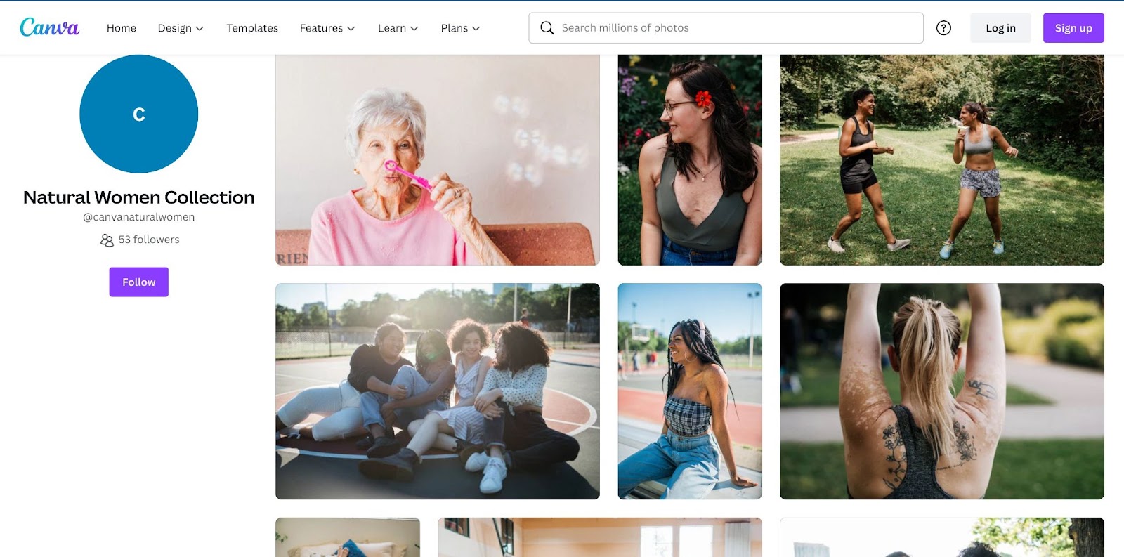 Canva Natural Women Collection homepage. Thumbnails showing women of various ages, sizes, races, etc.