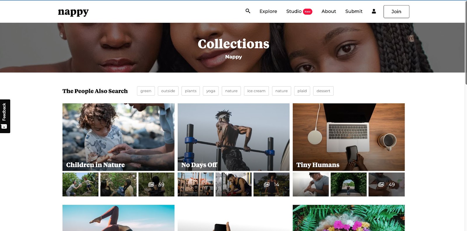 Nappy homepage. White background. Photo of three Black women on top with text "Collections" in white. Several thumnails shown with categories: Children in nature, No Days Off, Tiny Humans.