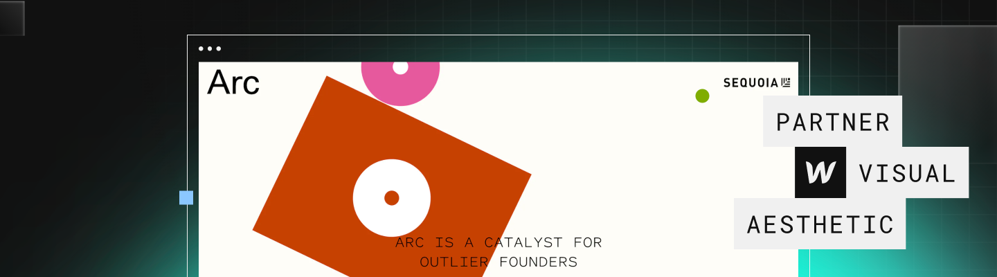 Sequoia Arc website. Beige background. Tilted red-orange square with pink circle on top, sliding down. Text next to image "partner visual aesthetic"