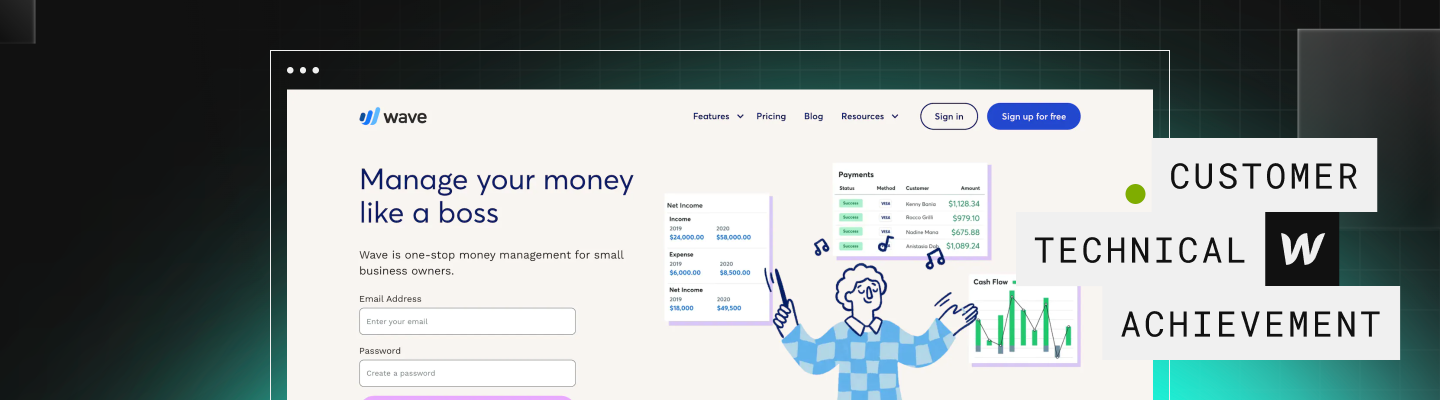 Top third of Wave website. Beige background with navy headline "Manage your money like a boss" next to screenshots from tool and navy line illustration of person surrounded by musical notes. Text over image "customer technical achievement"
