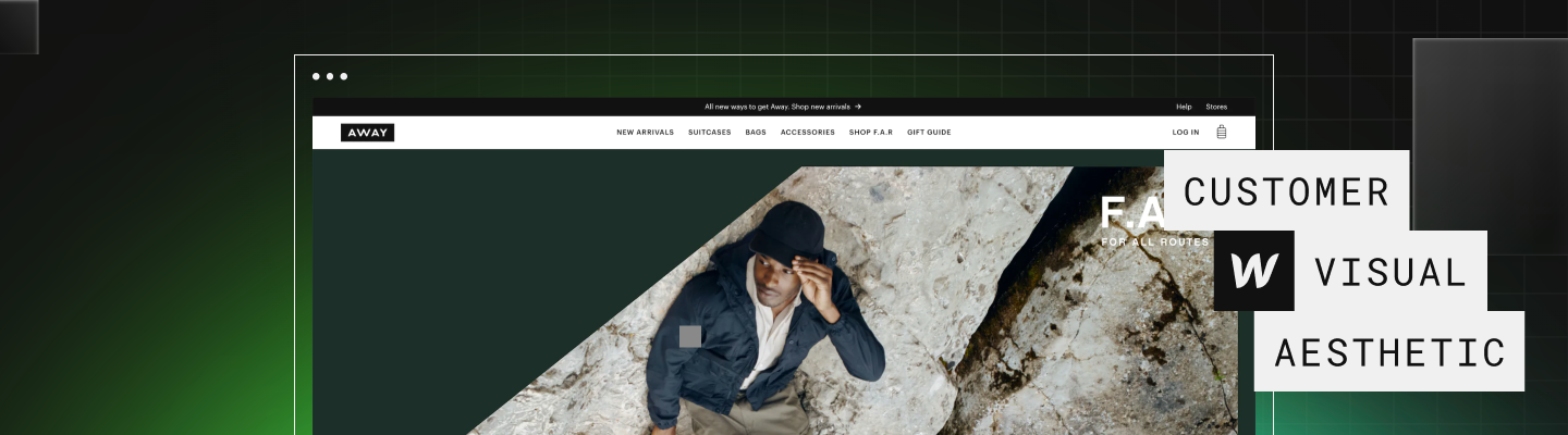 Top third of AWAY F.A.R. website. Black man in black jacket and hat leaning against a rock wall. Text over image "customer visual aesthetic"