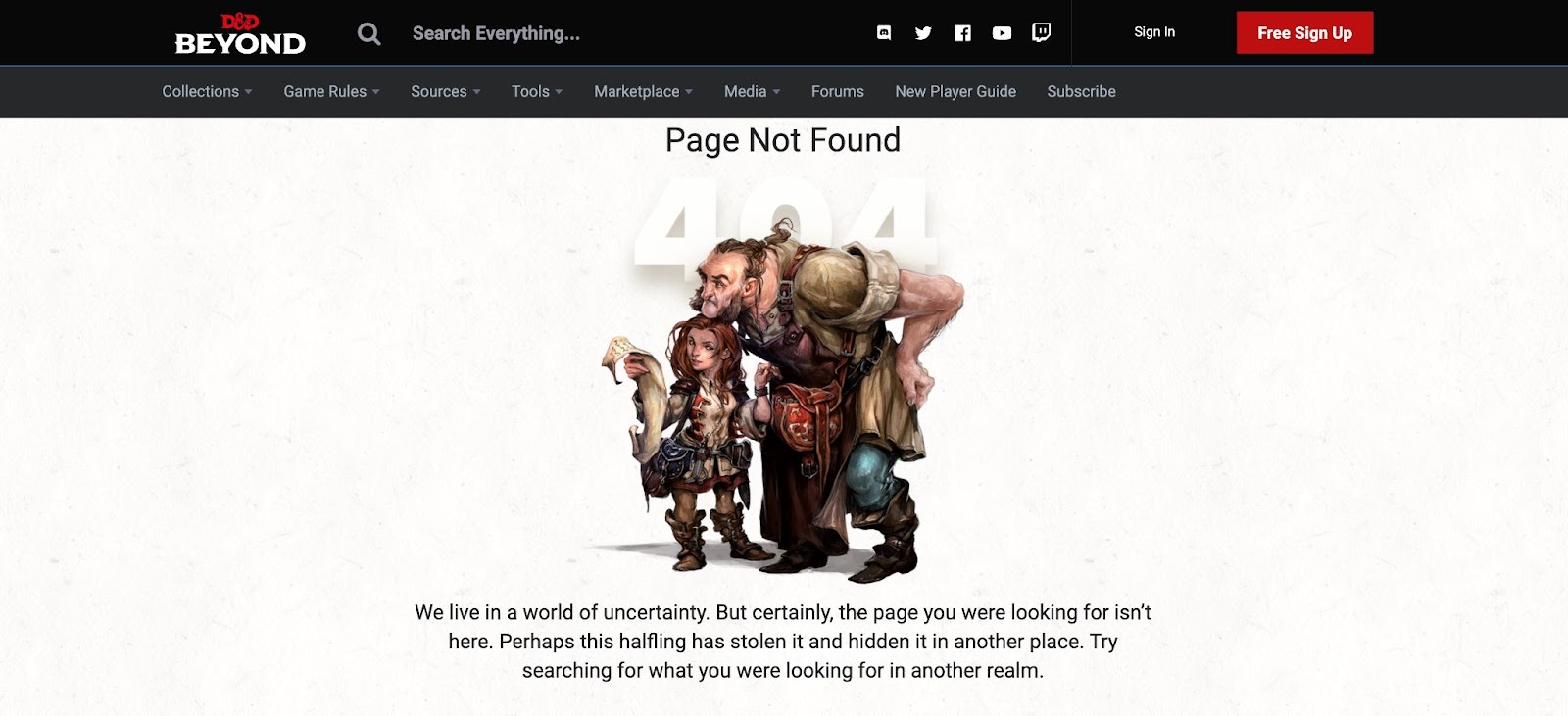 D&D Beyond's website 404 page that shows characters from Dungeons and Dragons looking for their way home.
