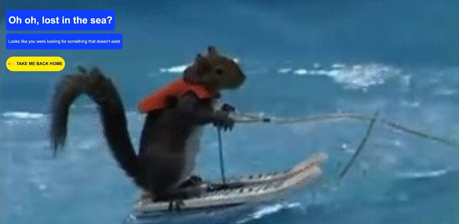 An image of Polo Garcia's 404 page on his site. It shows an image of a waterskiing squirrel with the headline "Oh oh, lost in the sea?"