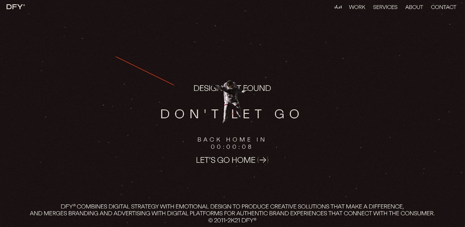 An image of DFY's website 404 page. The headline shows an astronout floating in space with he headline "Design Not Found, Don't Let Go, Let's Go Home" With a coundown clock indicating when you'd be redirected back to the home page.