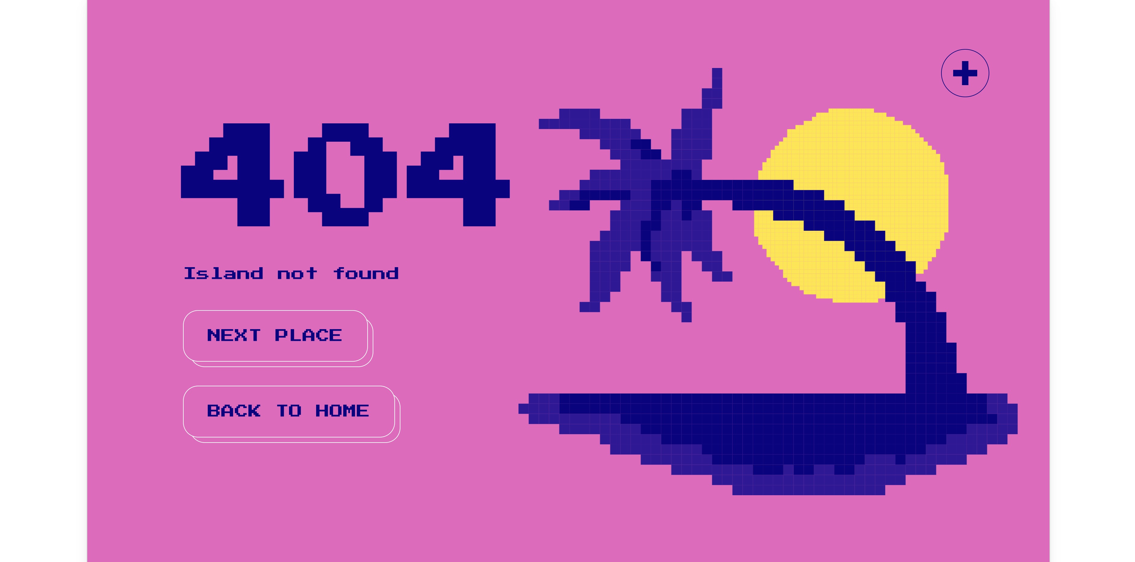 Pink background with pixelated illustration of purple palm tree over yellow sun. Text "404 Island not found" above buttons "next place" and "back to home"n