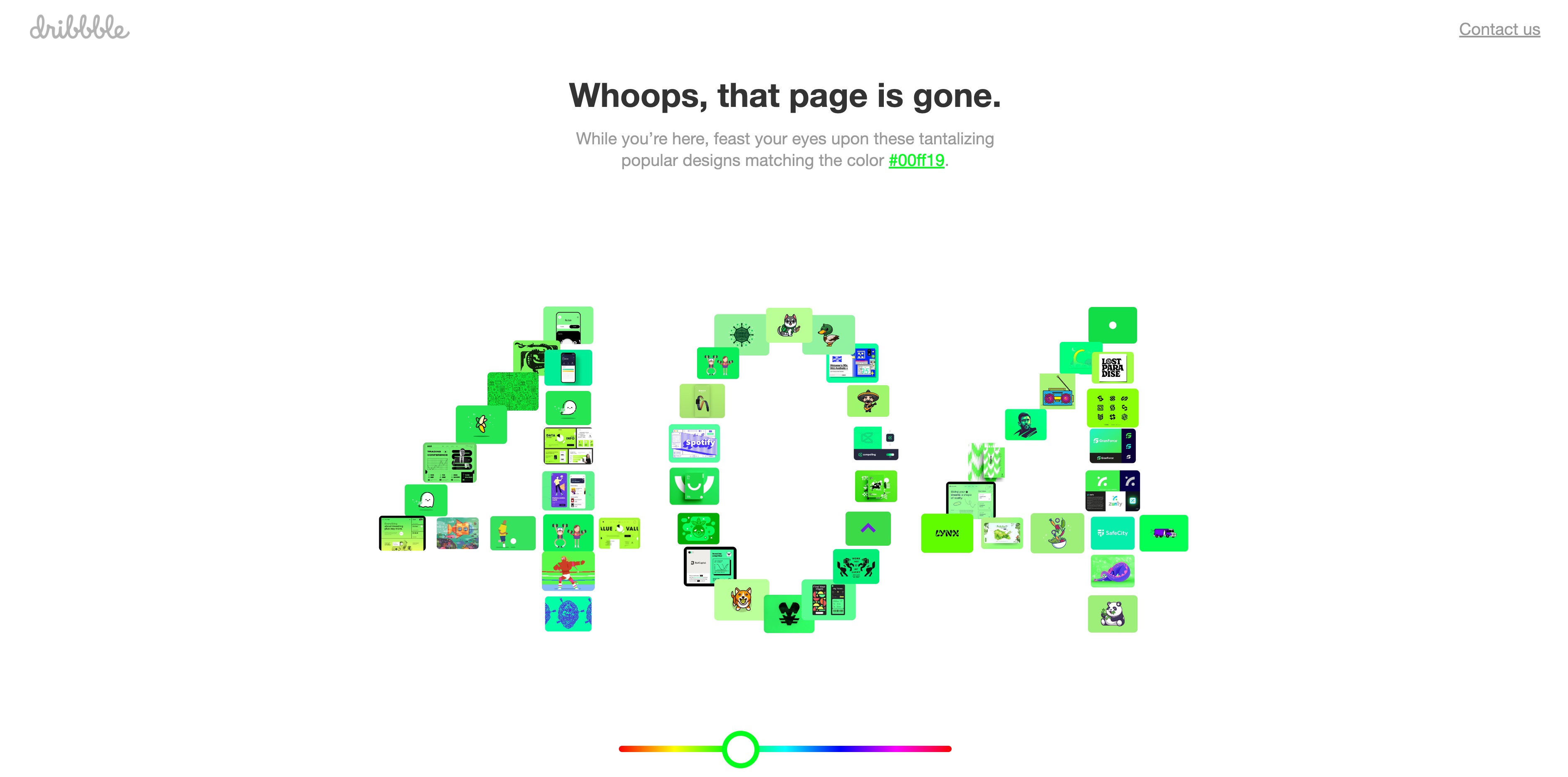Dribbble 404 page with "404" made up of various designs matchin the color #00ff19 (neon green)