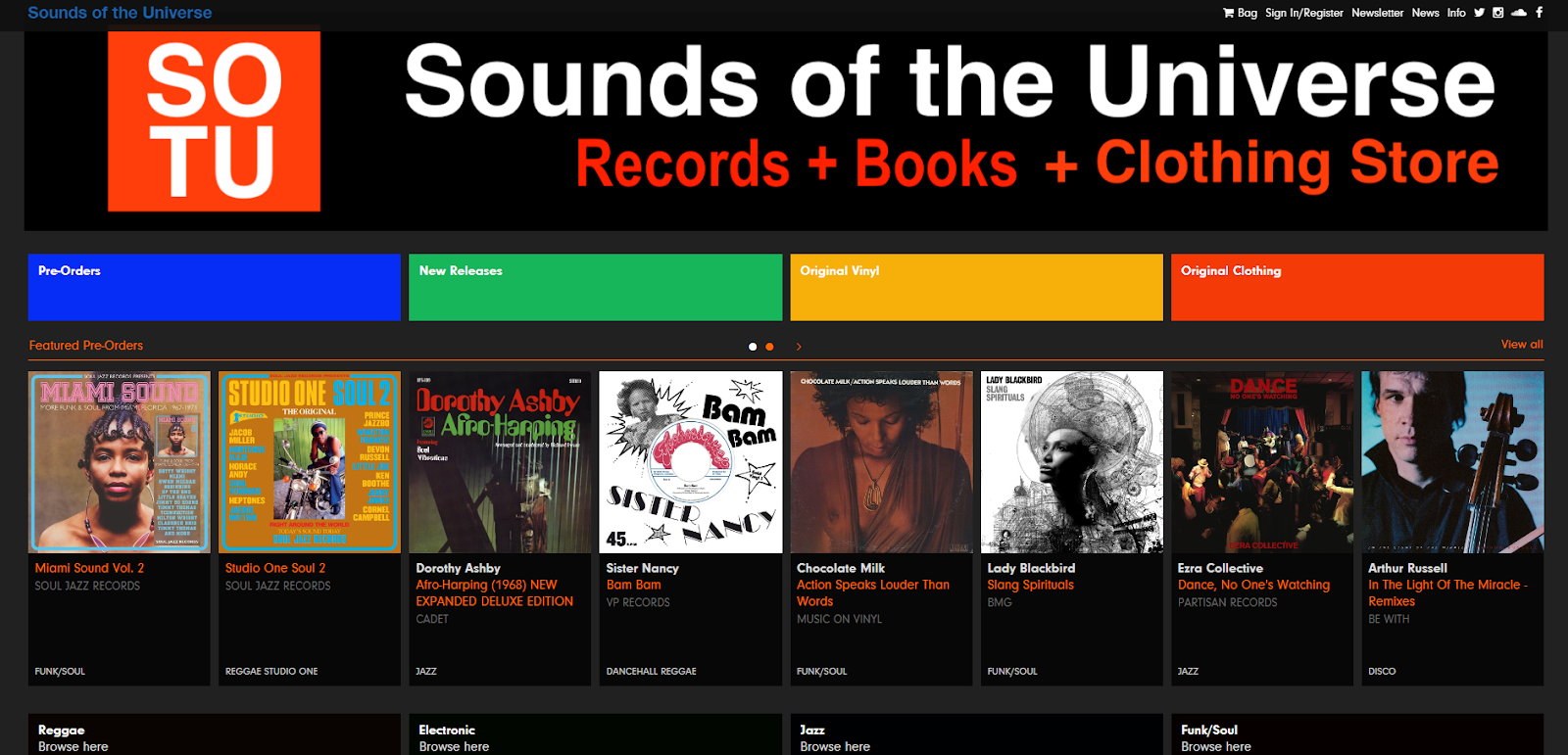The Sounds of the Universe homepage starts with a headline showing their business name followed by a gallery of records for sale.