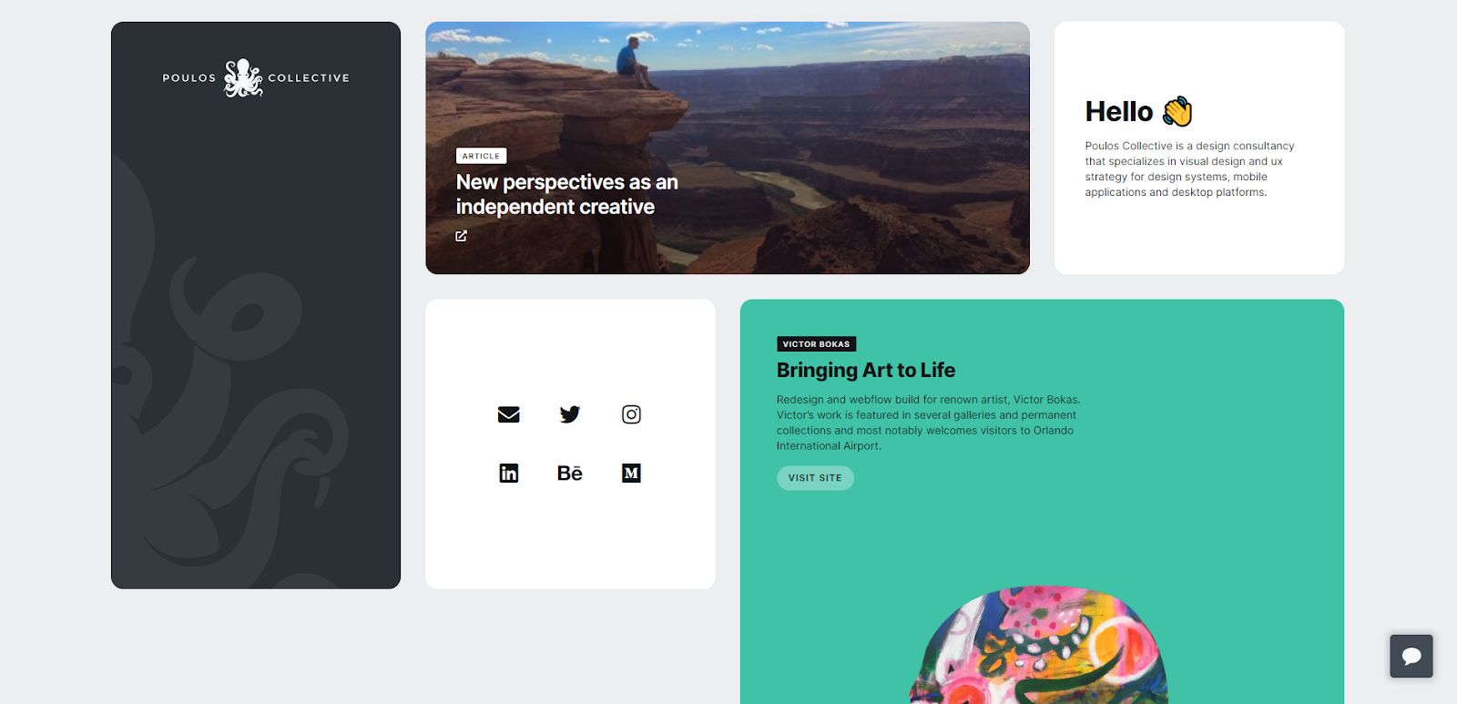 The Poulos Collective homepage uses various-sized cards to separate images of their work from contact methods and branding.