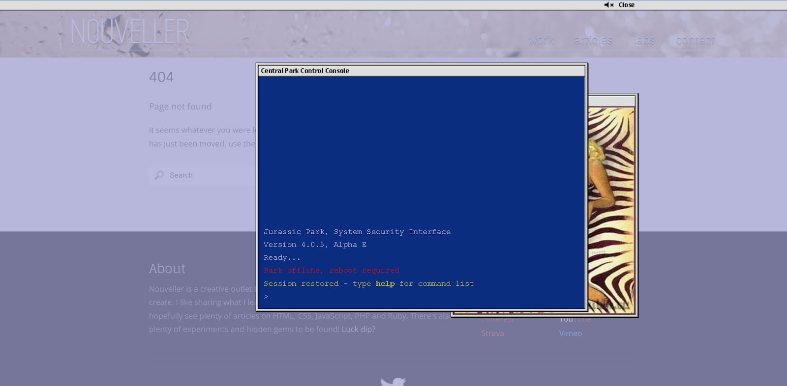 An image of Nouvelle's website 404 page. It contains surprise easter eggs as you type different website commands onto the page.