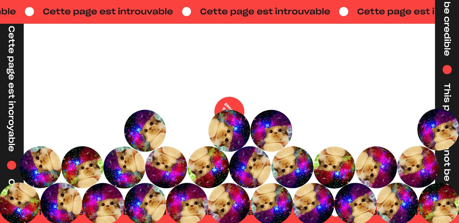 An image of Kffein's 404 page. It contains the I can haz cheesburger memes in bubbles that bounce around the page.