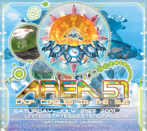 A Y2K aesthetic flying for Area 51, featuring pastel blues, purple, and green, an image of a sun and globe imagery, and camoflauged vintage typeface.