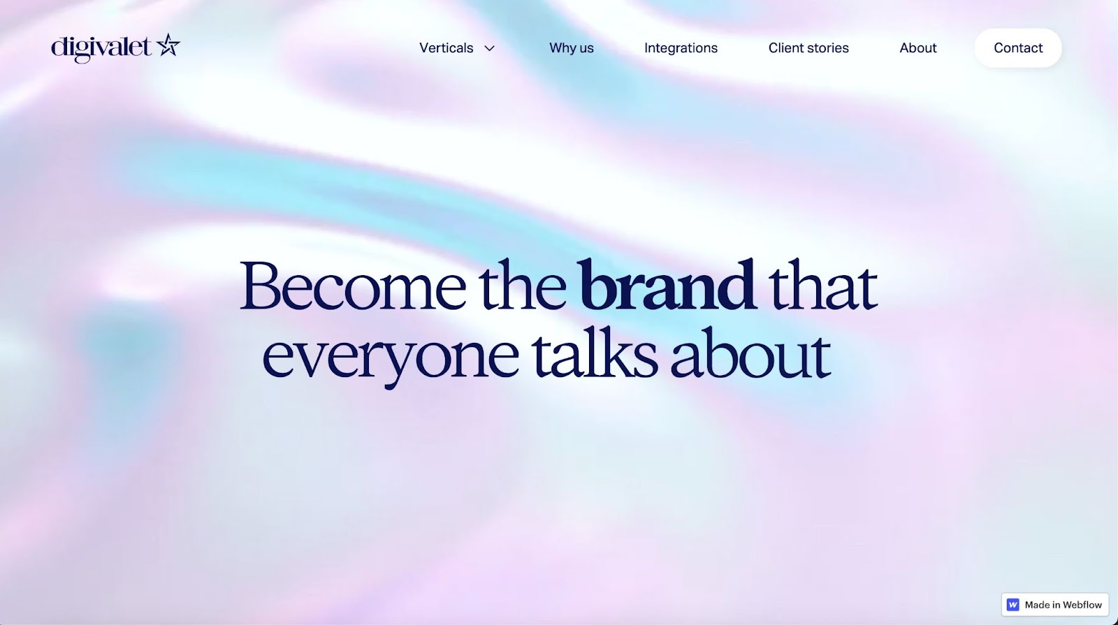 A lavender, sky blue, and white website homepage for Digivalet, with hero copy that reads "Become the brand that everyone talks about."