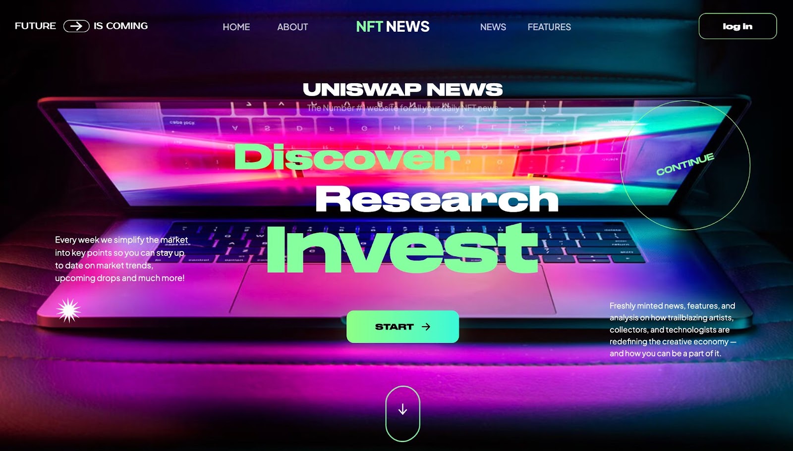 The neon, modern site for Uniswap News, feautring bright pinks and greens over an image of a macbook laptop.