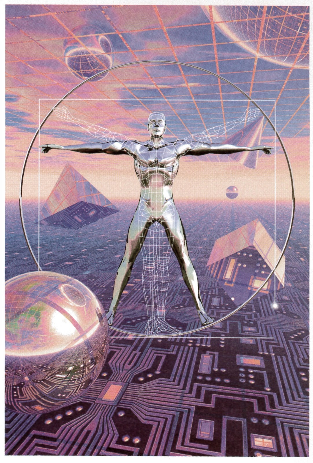 A lavender and pink image of a silver geometric skeleton of man floating with his arms and legs extended, surrounded by 3d and geometric shapes.