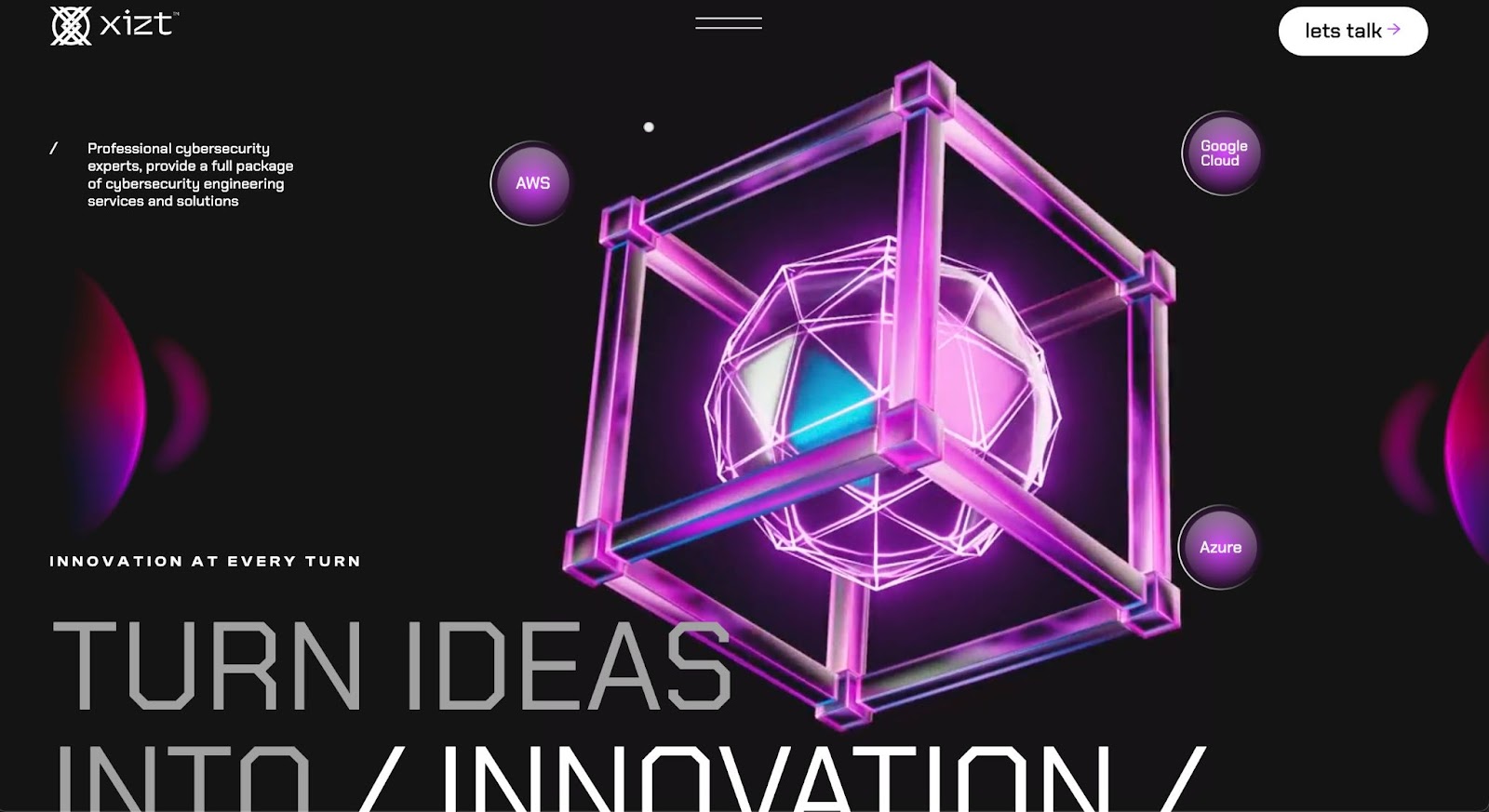 The image for the XIZ website, featuring a neon pink geometric cube and sphere floating in dark space.